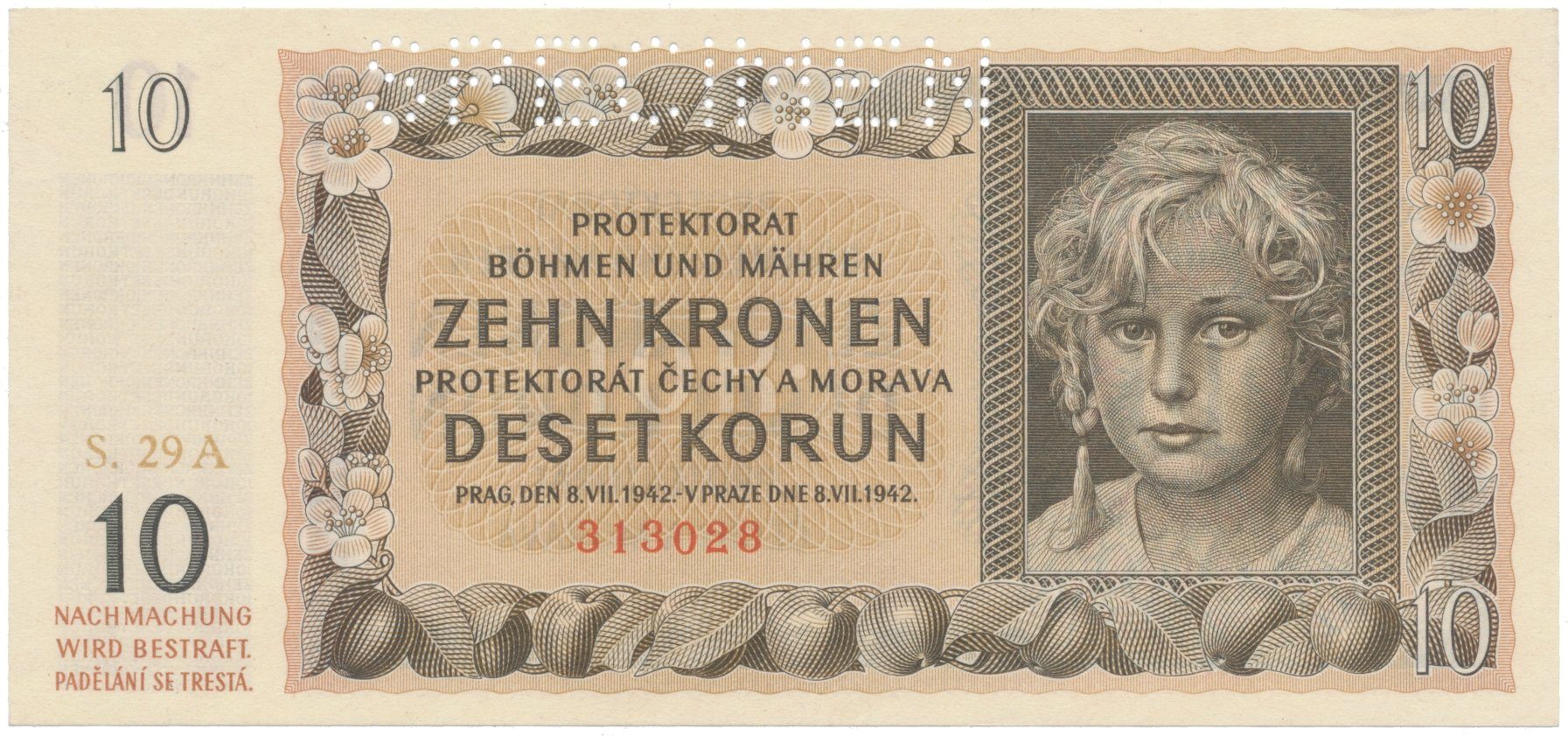 10 Koruna 1942, série A, SPECIMEN, Hej.37a.S1