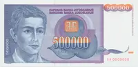 Jugoslávie, 500.000 Dinara 1993, anulát AA 0000000, P.119