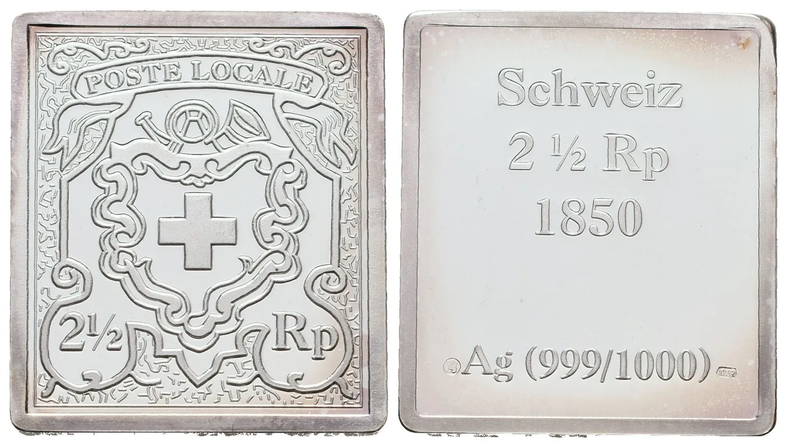 Stříbrná známka - Švýcarský 'Posthorn' z roku 1850 - Ag 6 g - 999/1000
