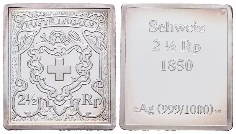 Stříbrná známka - Švýcarský 'Posthorn' z roku 1850 - Ag 6 g - 999/1000