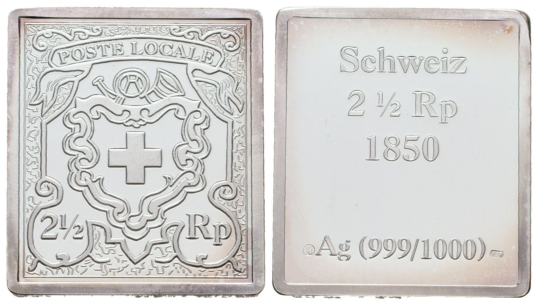Stříbrná známka - Švýcarský 'Posthorn' z roku 1850 - Ag 6 g - 999/1000