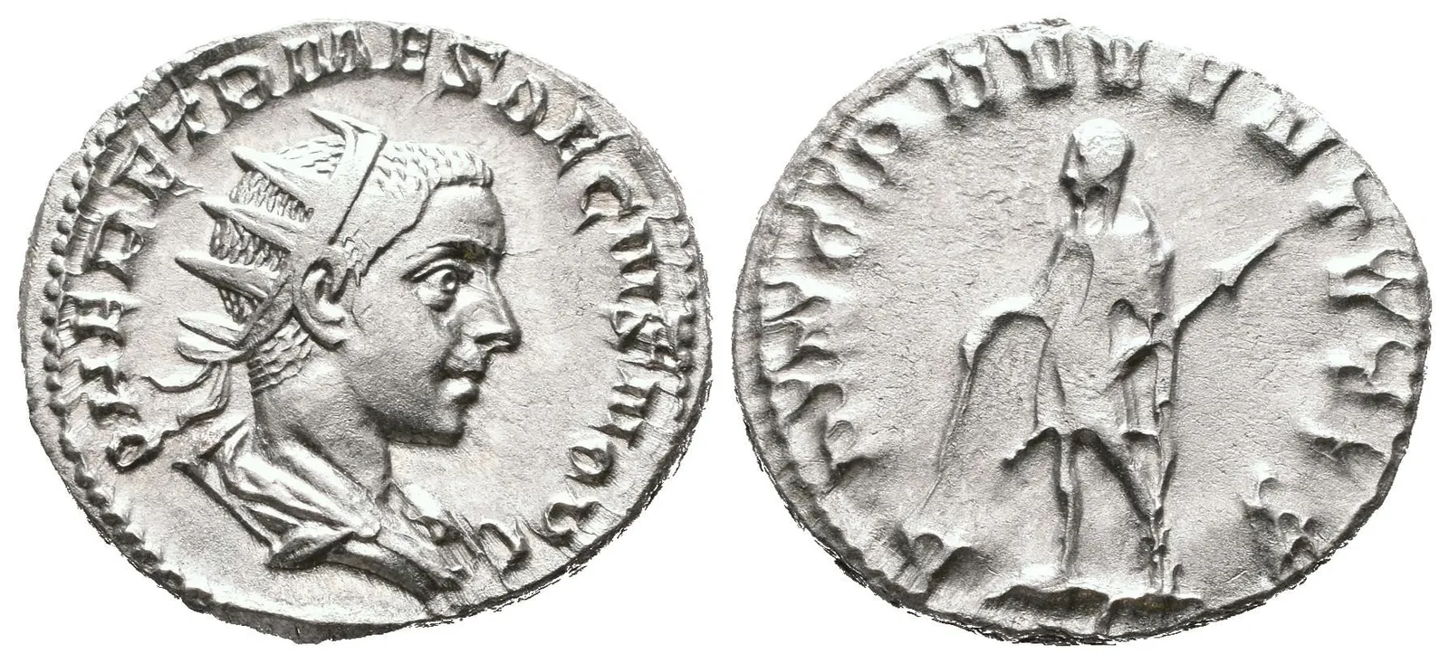 Antoninian, Rv: PRINCIPI IVVENTVTIS, Herennius ve vojenském oděvu zleva drží — 1