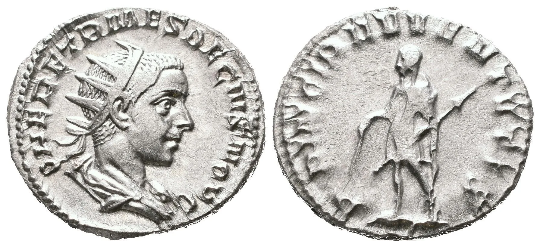 Antoninian, Rv: PRINCIPI IVVENTVTIS, Herennius ve vojenském oděvu zleva drží — 1