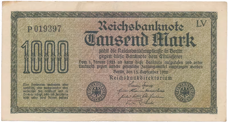 Německo, 1000 Mark 1922, vod. Hakensterne, černé 6-místné číslo, Ro.75b