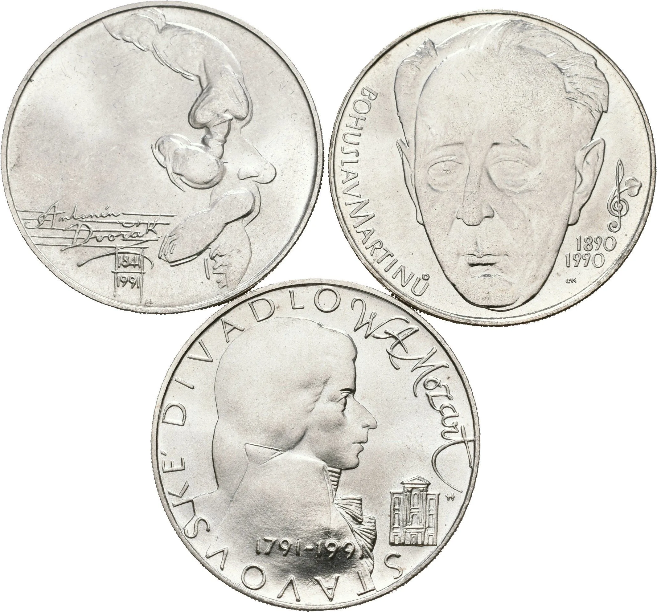 Soubor mincí 100 Kčs 1990 - Bohuslav Martinů, 1991 - Dvořák a W. A. Mozart, — 1