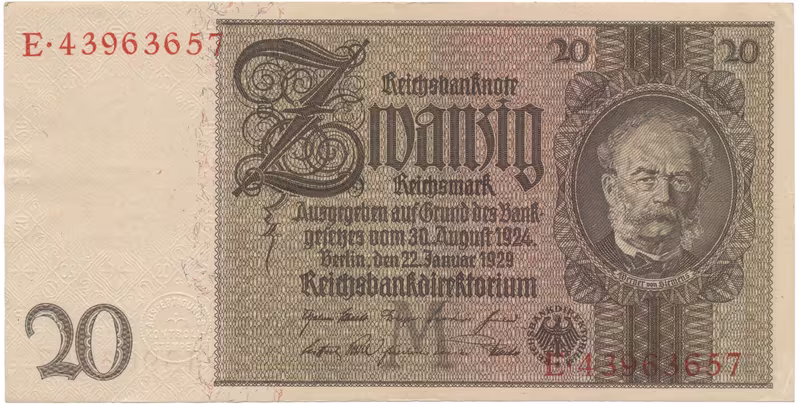 Německo, 20 Reichsmark 1929, typ O/O, Hej.D3c