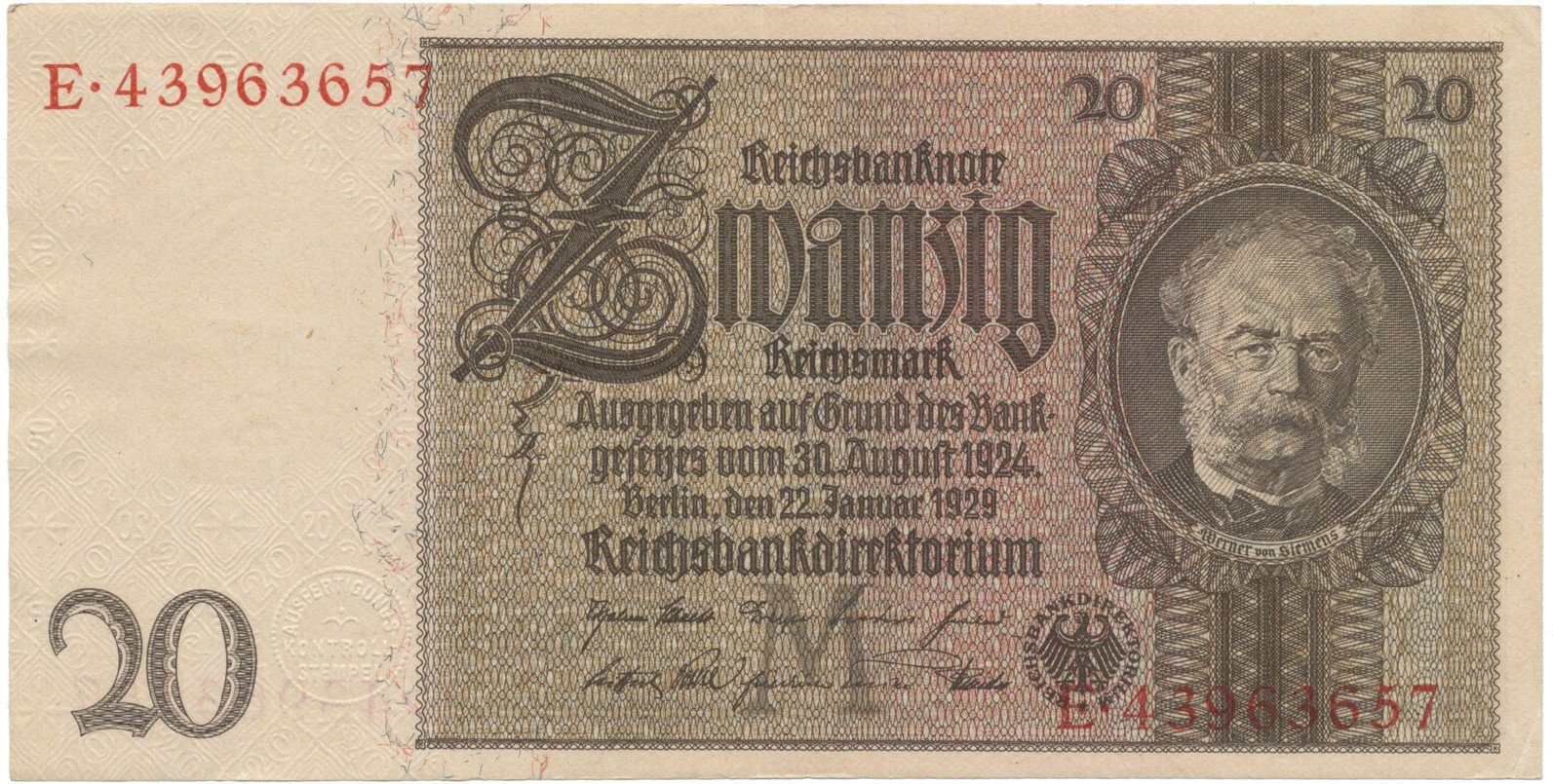 Německo, 20 Reichsmark 1929, typ O/O, Hej.D3c