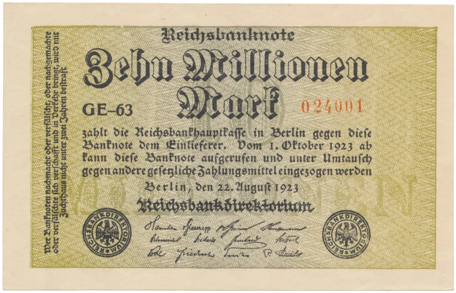 Německo, 10 Millionen Mark 1923, Ro.105a