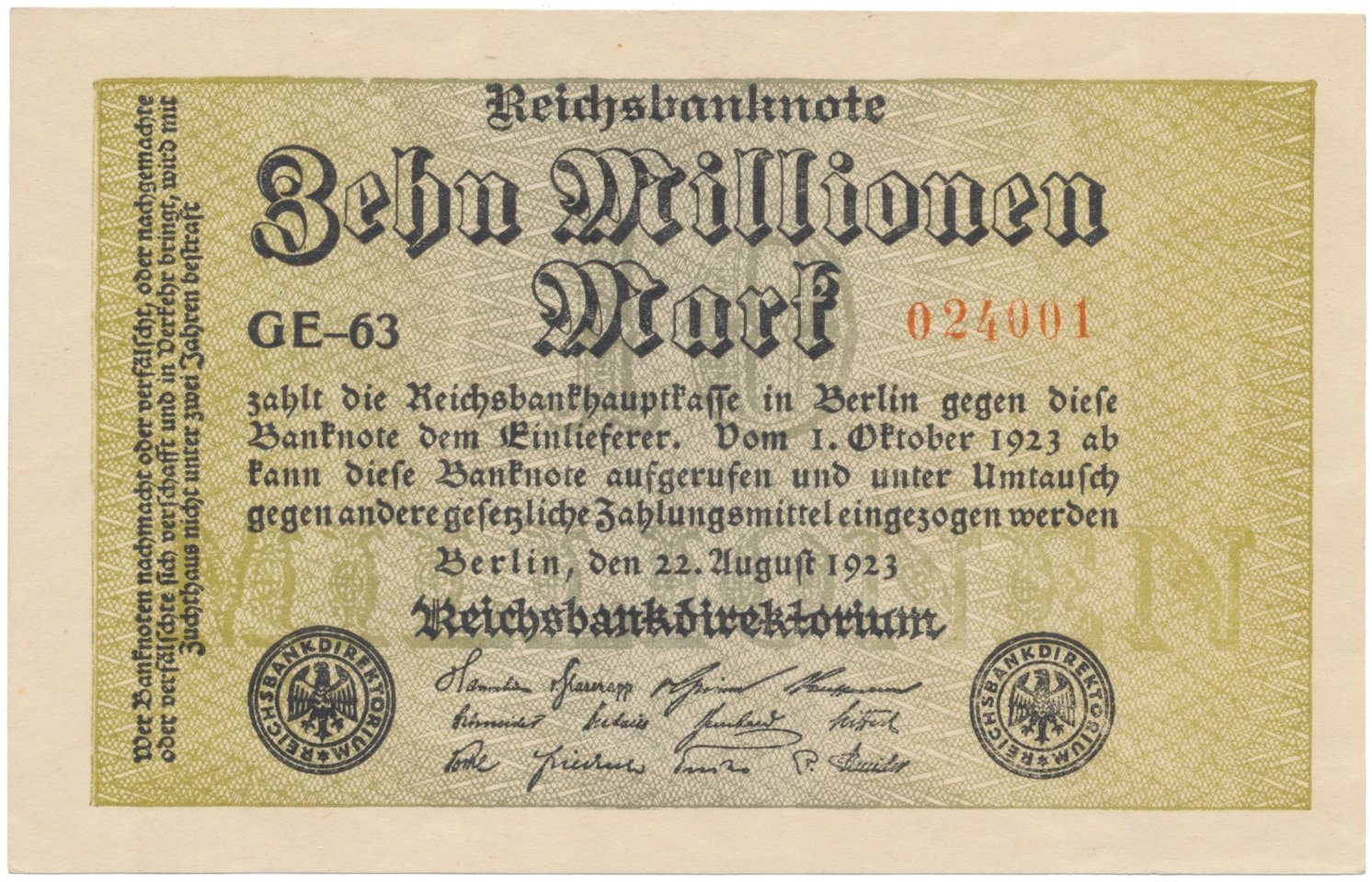 Německo, 10 Millionen Mark 1923, Ro.105a