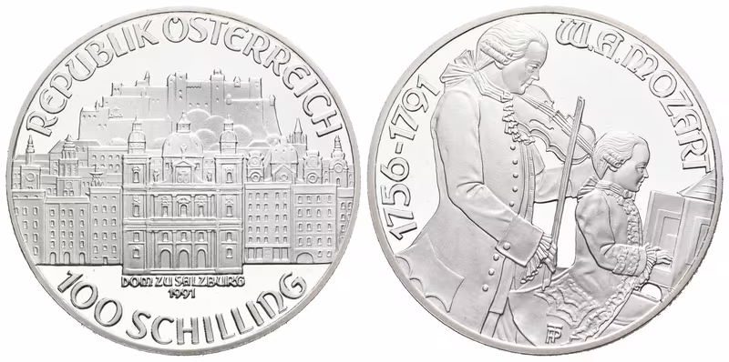 Rakousko, 100 Schilling 1991 - Mozart