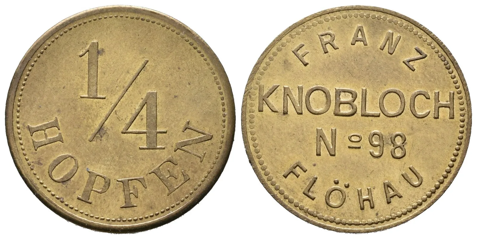 Blšany / Flöhau - Franz Knobloch, známka na věrtel chmele. Ms 25 mm — 1