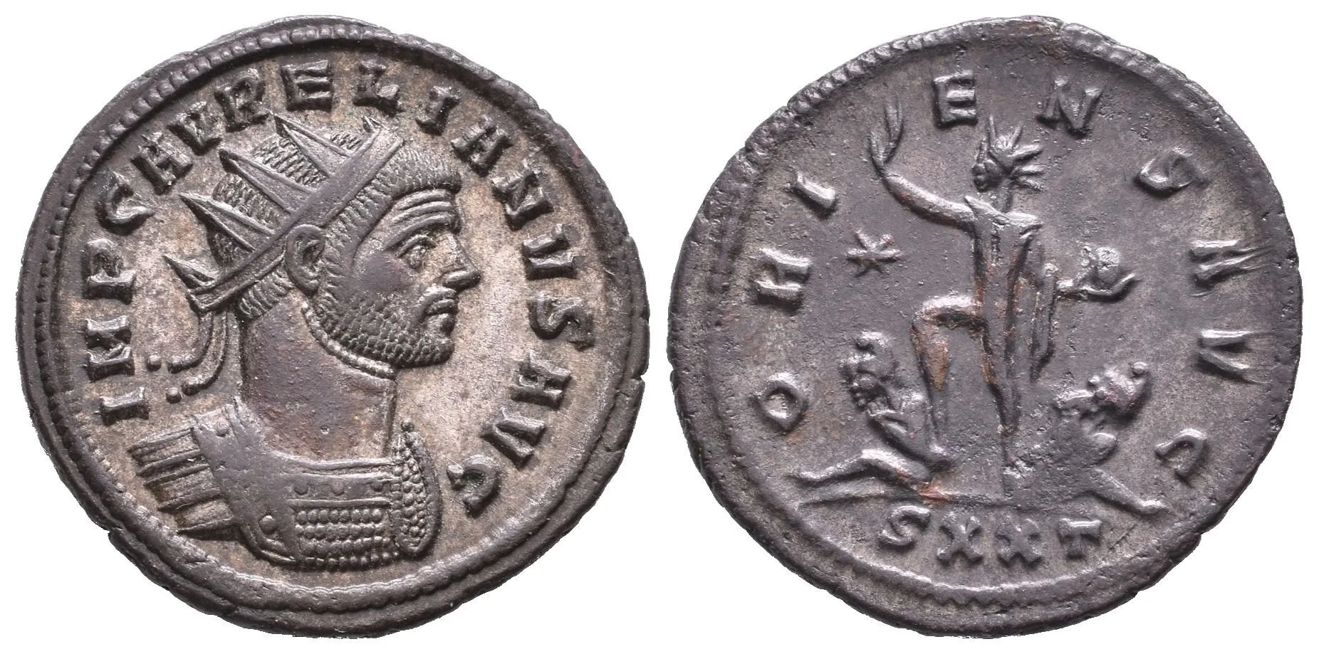 Antoninian, Ticinum, Rv: ORIENS AVG, stojící Sol zleva má zvednutou ruku — 1