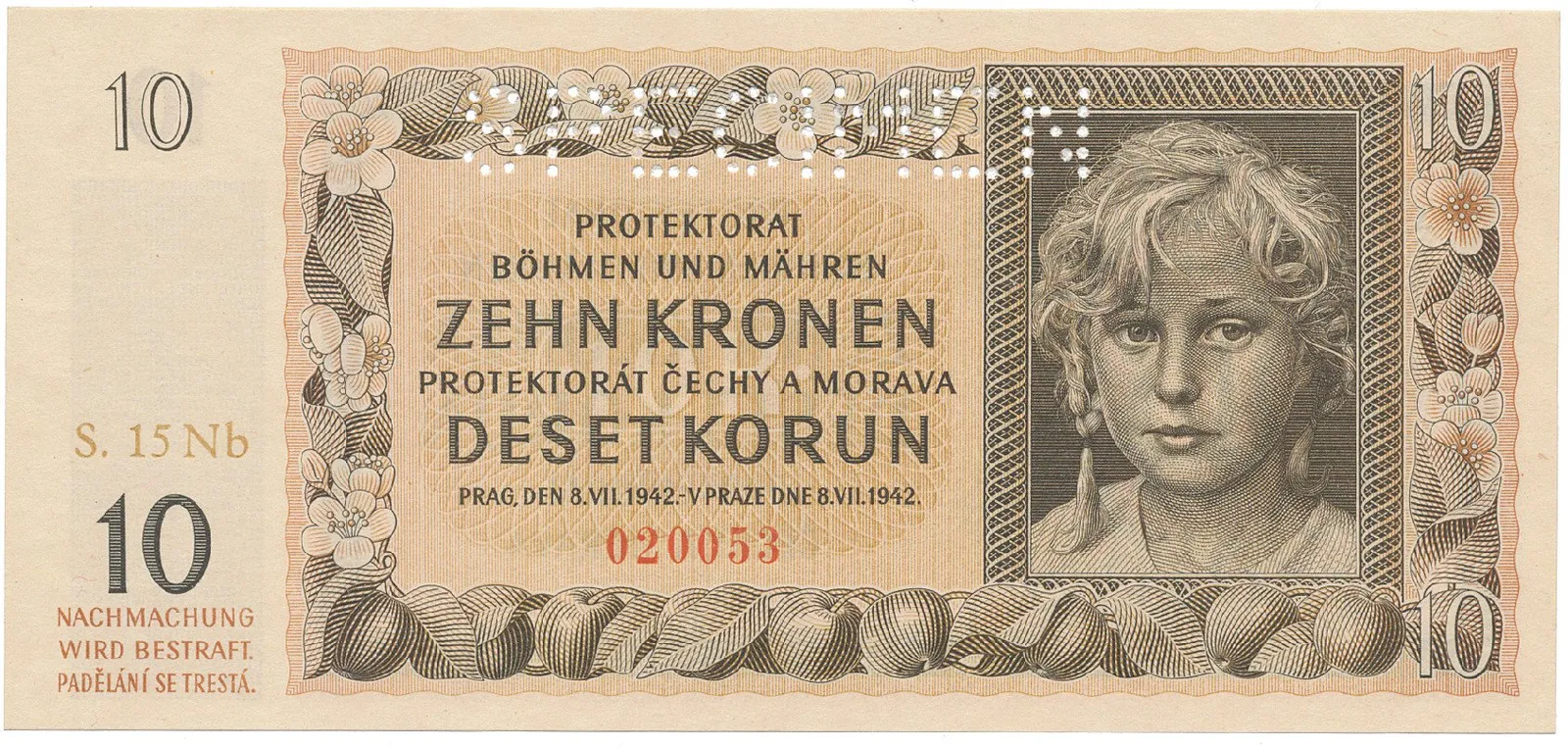 Protektorát Čechy a Morava, 10 Koruna 1942, tisk Neubert, série Nb, perf. 1x SPECIMEN, Hej.37b2.S1