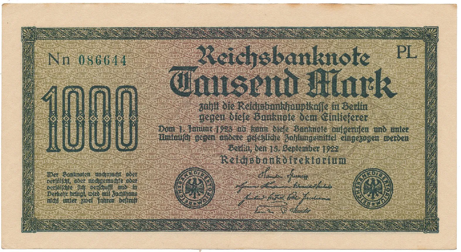 Německo, 1000 Mark 1922, vod. Gitter, zelené 6-místné číslo, Ro.75m