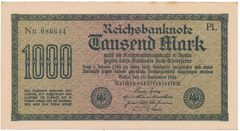 Německo, 1000 Mark 1922, vod. Gitter, zelené 6-místné číslo, Ro.75m