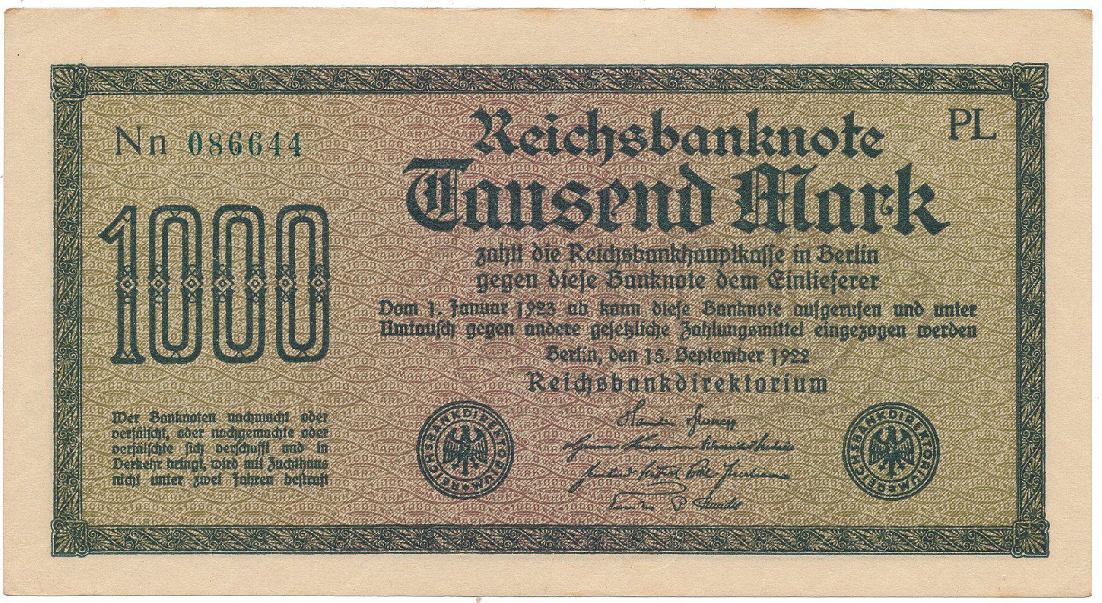 Německo, 1000 Mark 1922, vod. Gitter, zelené 6-místné číslo, Ro.75m