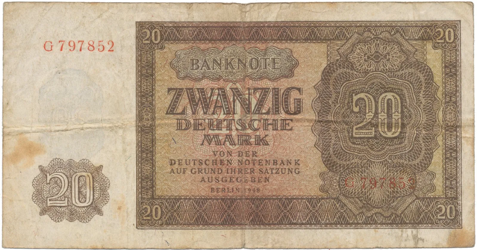 Německo - NDR, 20 DM 1948, tisk SSSR, 1 písmeno + 6-místný číslovač, Ros.344a