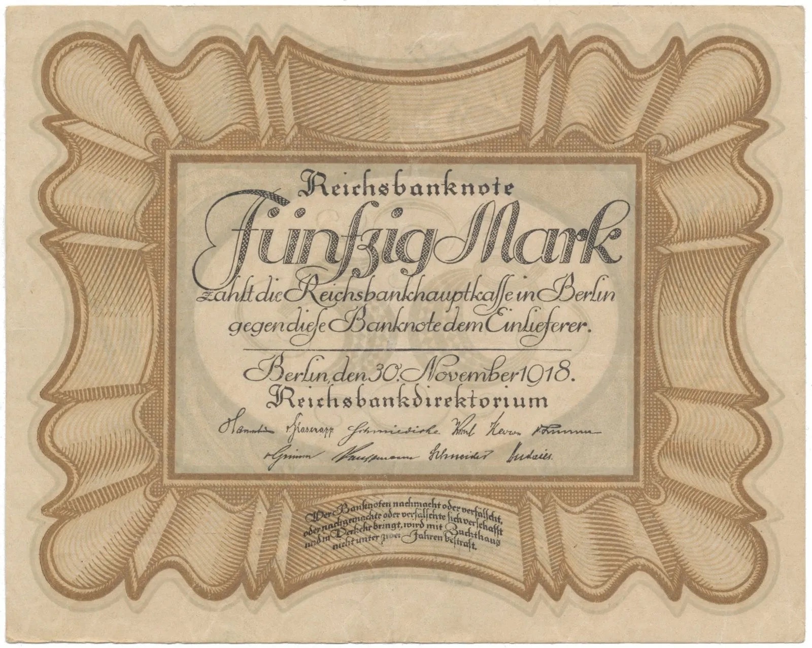 Německo, 50 Mark 1918, "EIERSCHEIN", nejvzácnější varianta, Ro.57c