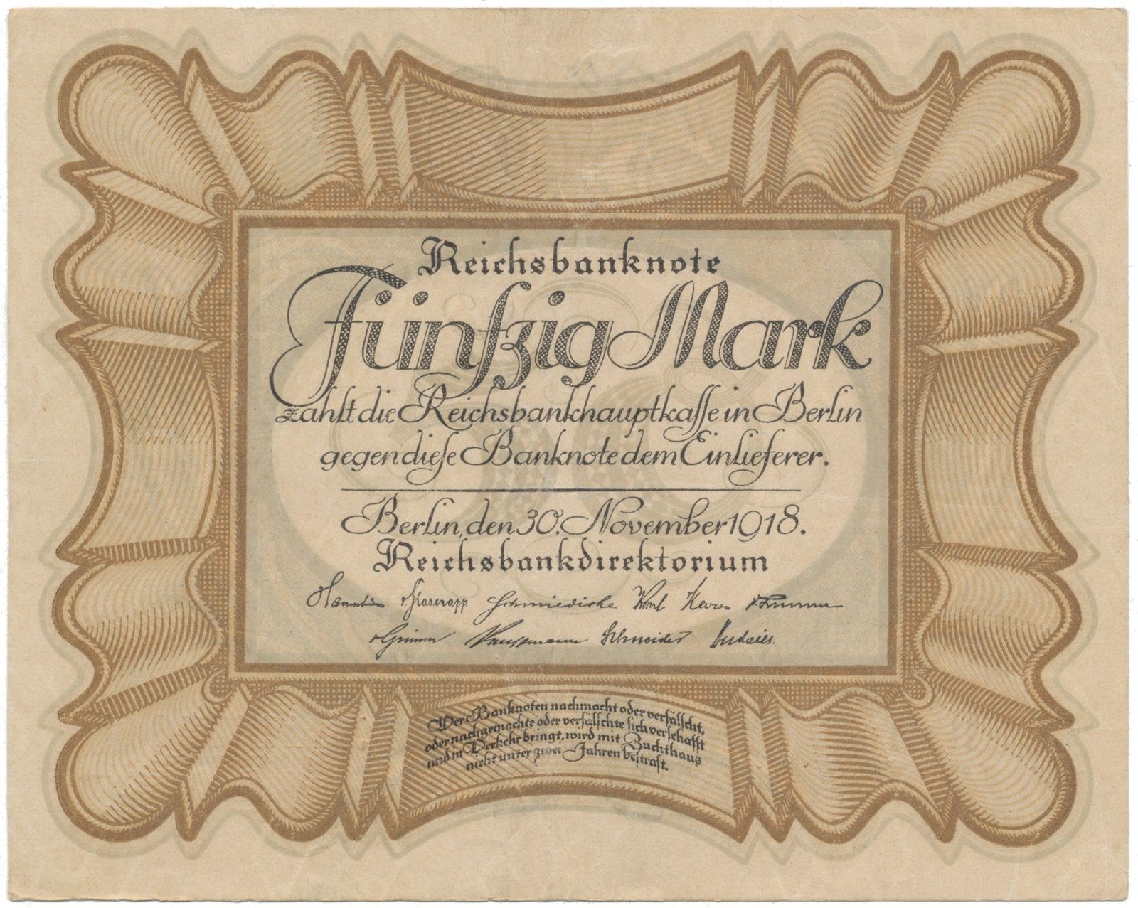 Německo, 50 Mark 1918, "EIERSCHEIN", nejvzácnější varianta, Ro.57c