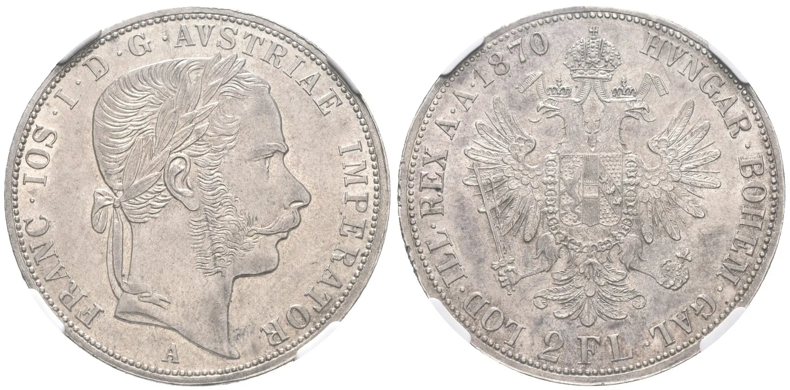 2 Zlatník 1870 A (raženo 168723 ks), certifikace NGC, hodnocení AU 58, — 1