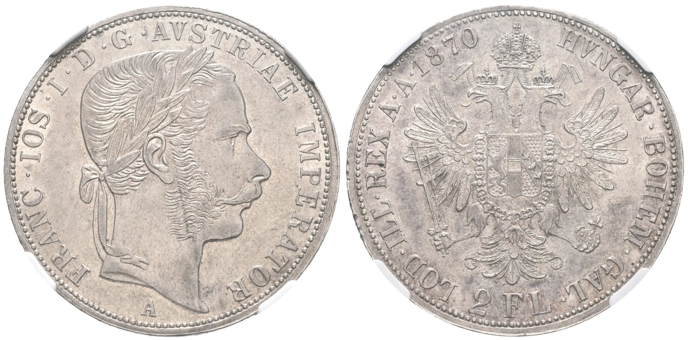2 Zlatník 1870 A (raženo 168723 ks), certifikace NGC, hodnocení AU 58, — 1