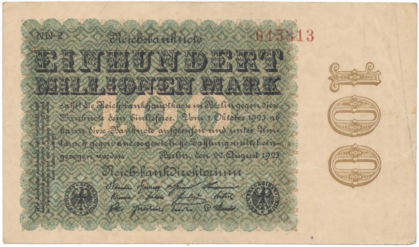 Německo, 100 Millionen Mark 1923, Hakensterne, Ro.106l
