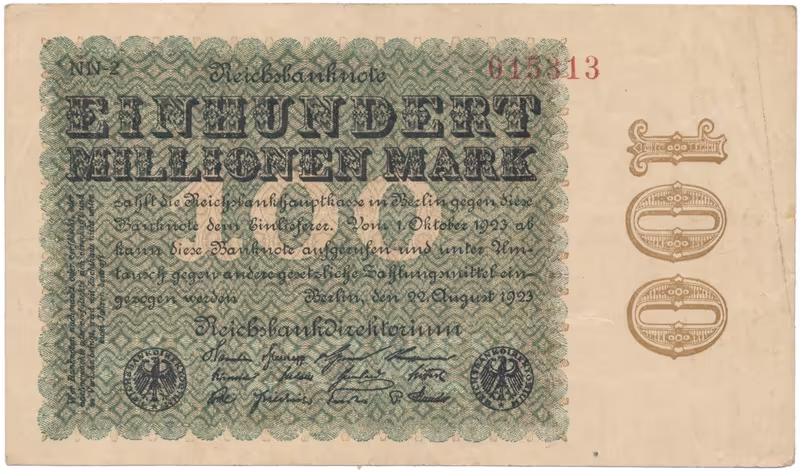 Německo, 100 Millionen Mark 1923, Hakensterne, Ro.106l