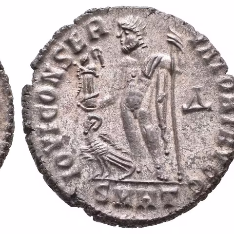 Follis, Heraclea, 312, Rv: IOVI CONSERVATORI AVGG, stojící Jupiter zleva drží