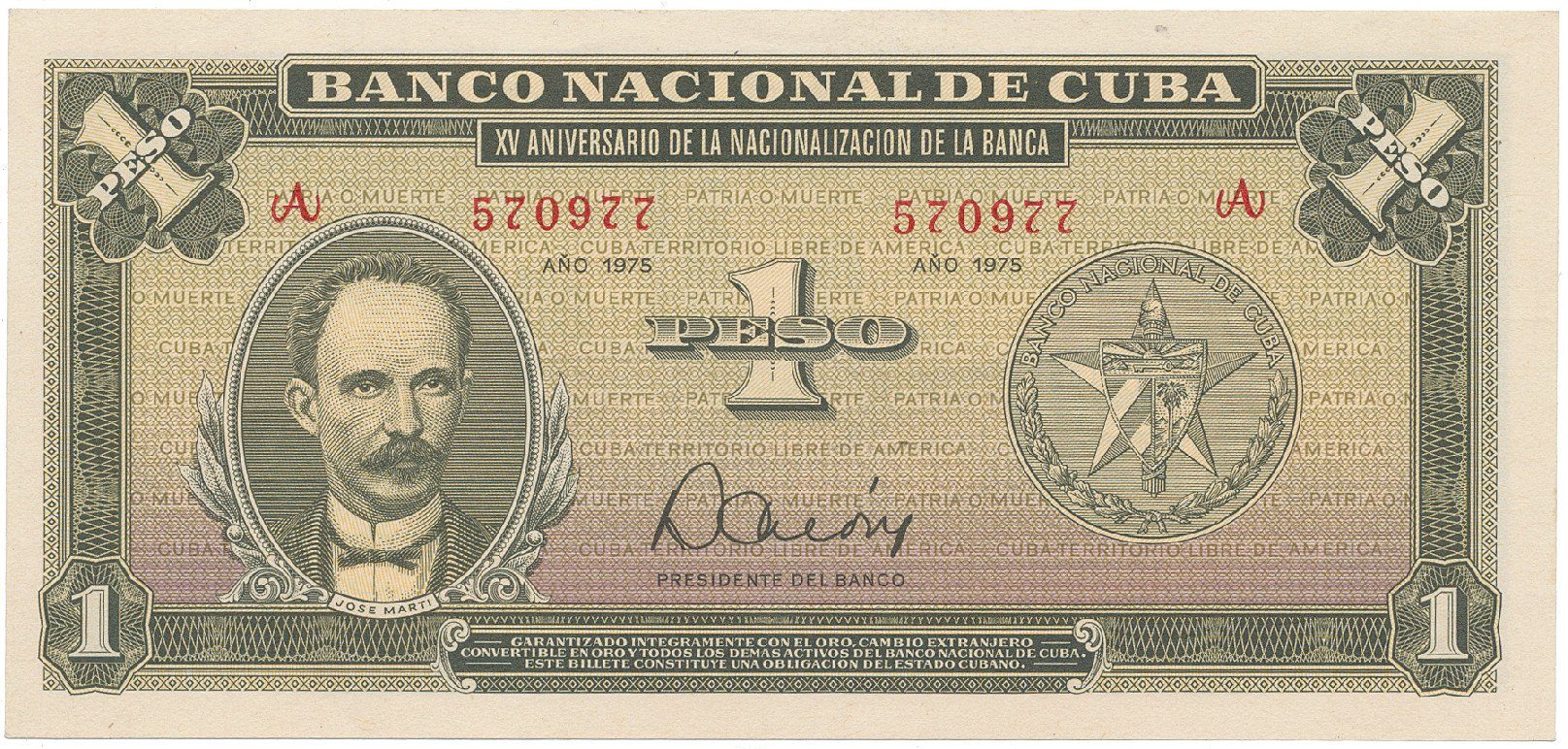 Kuba, 1 Peso 1975, tisk STC Praha, pamětní vydání, P.106