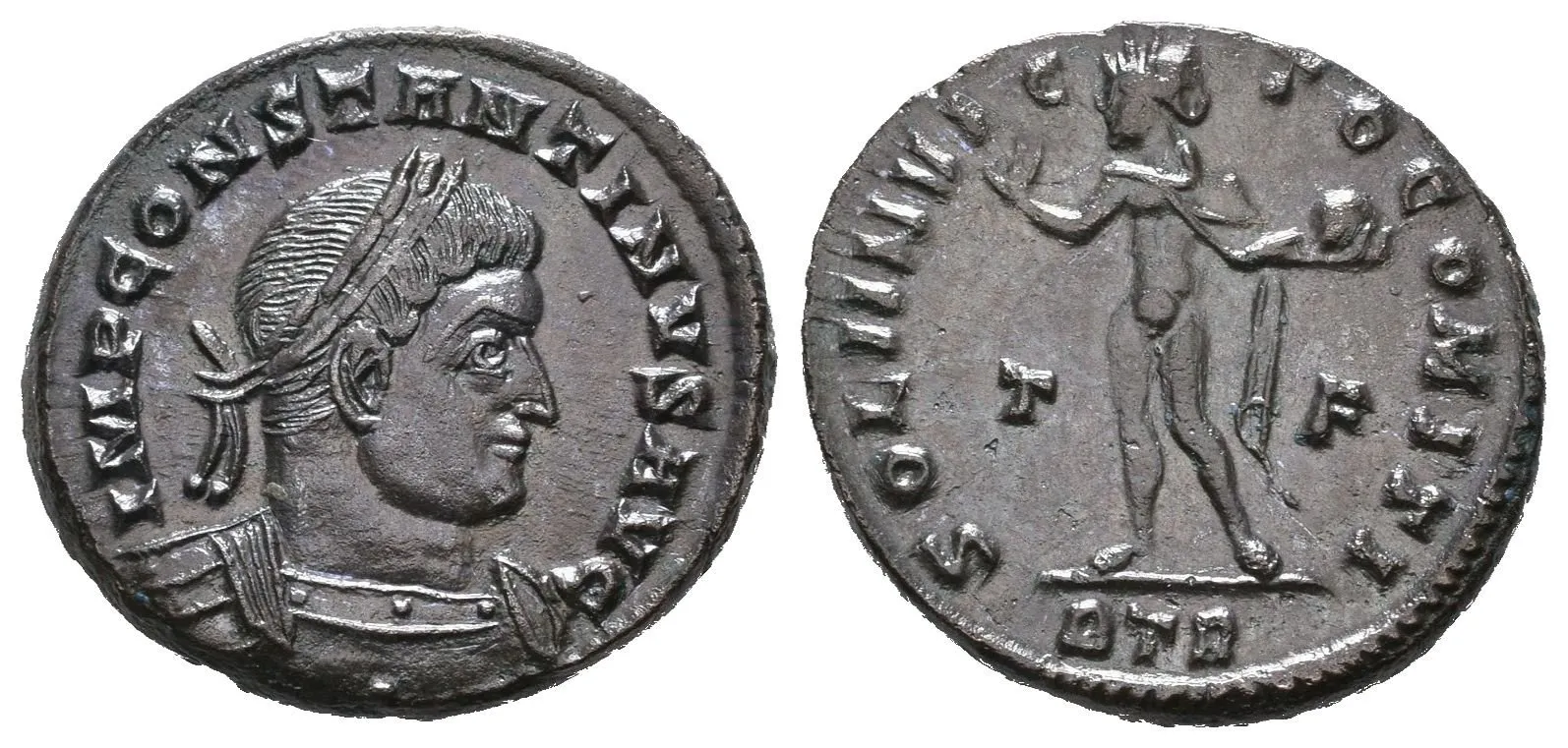 Follis, Treveri, 310 - 313, Rv: SOLI INVICTO COMITI, stojící Sol zleva pozvedá — 1