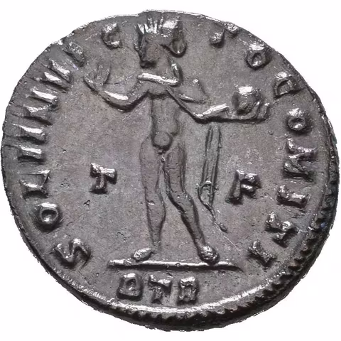 Follis, Treveri, 310 - 313, Rv: SOLI INVICTO COMITI, stojící Sol zleva pozvedá