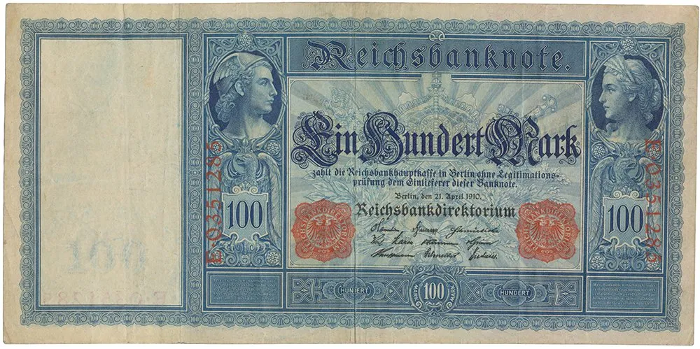 Německo, 100 Mark 1910, červený číslovač, bílý papír, Ro.43a