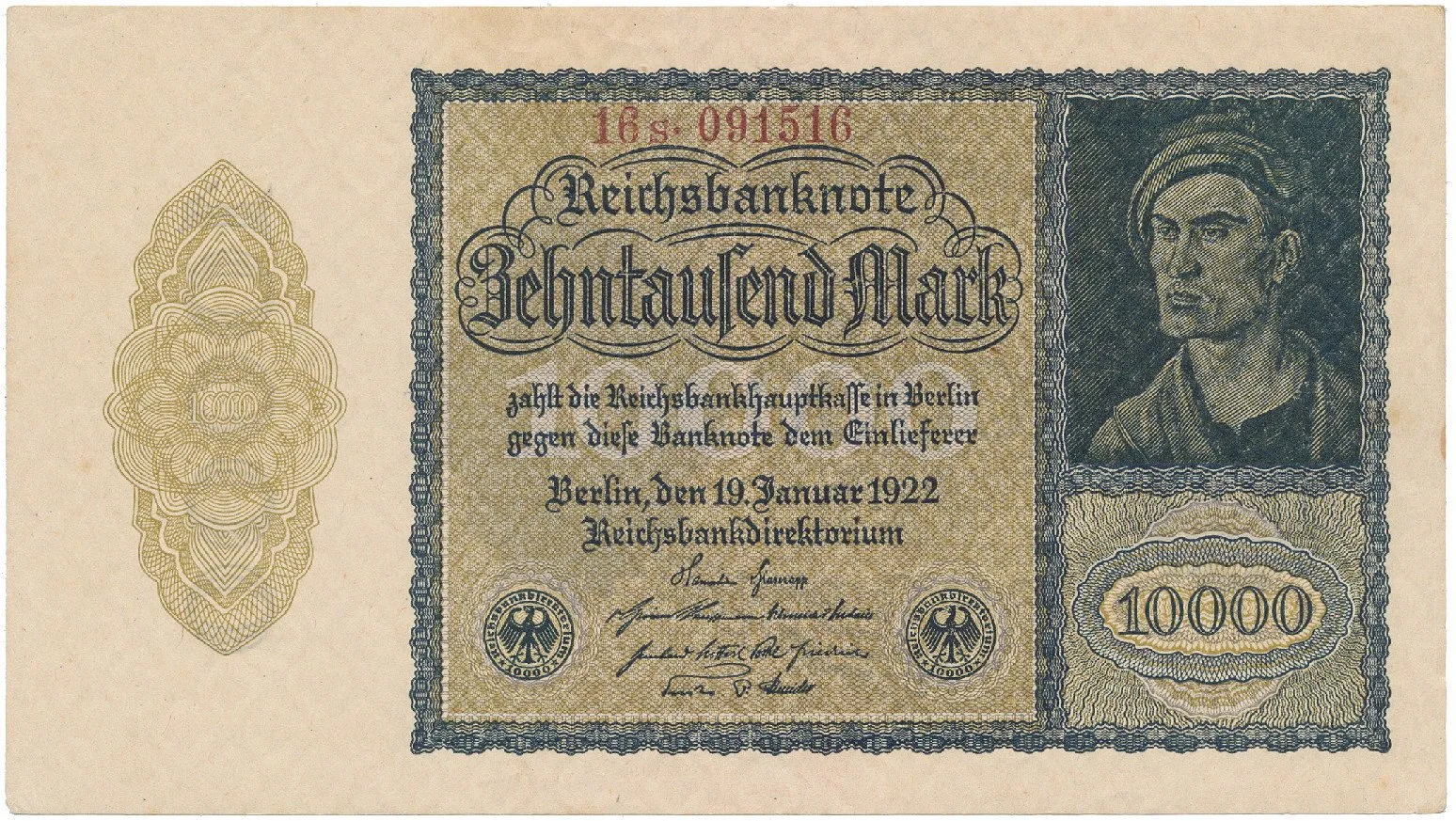 Německo, 10.000 Mark 1922, firemní 6-místný číslovač, Ro.69c