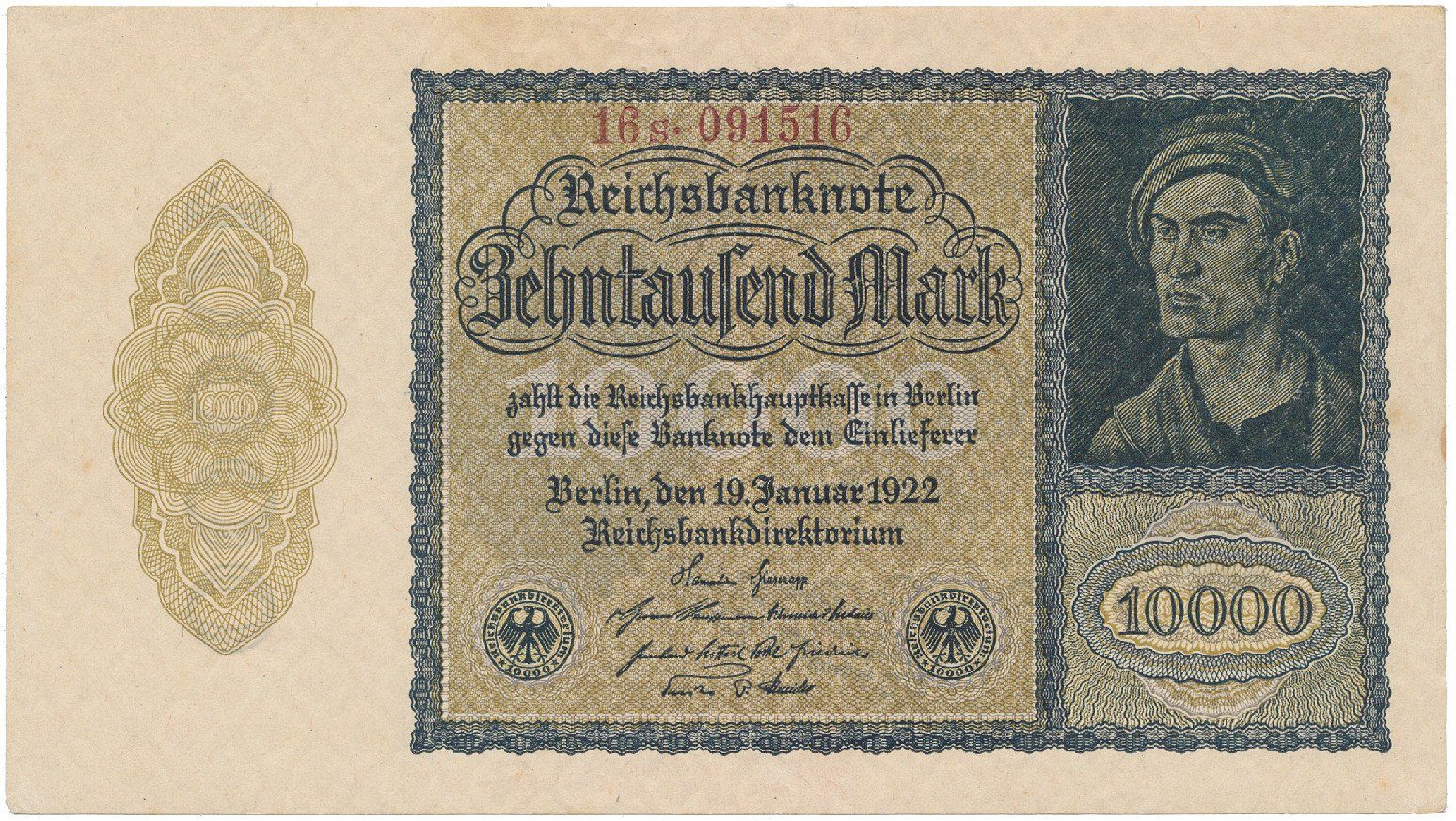 Německo, 10.000 Mark 1922, firemní 6-místný číslovač, Ro.69c