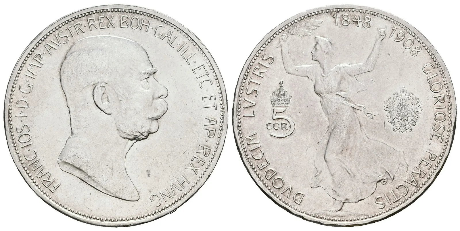 5 Koruna 1908 - Jubilejní k 60. výročí nastoupení vlády, — 1