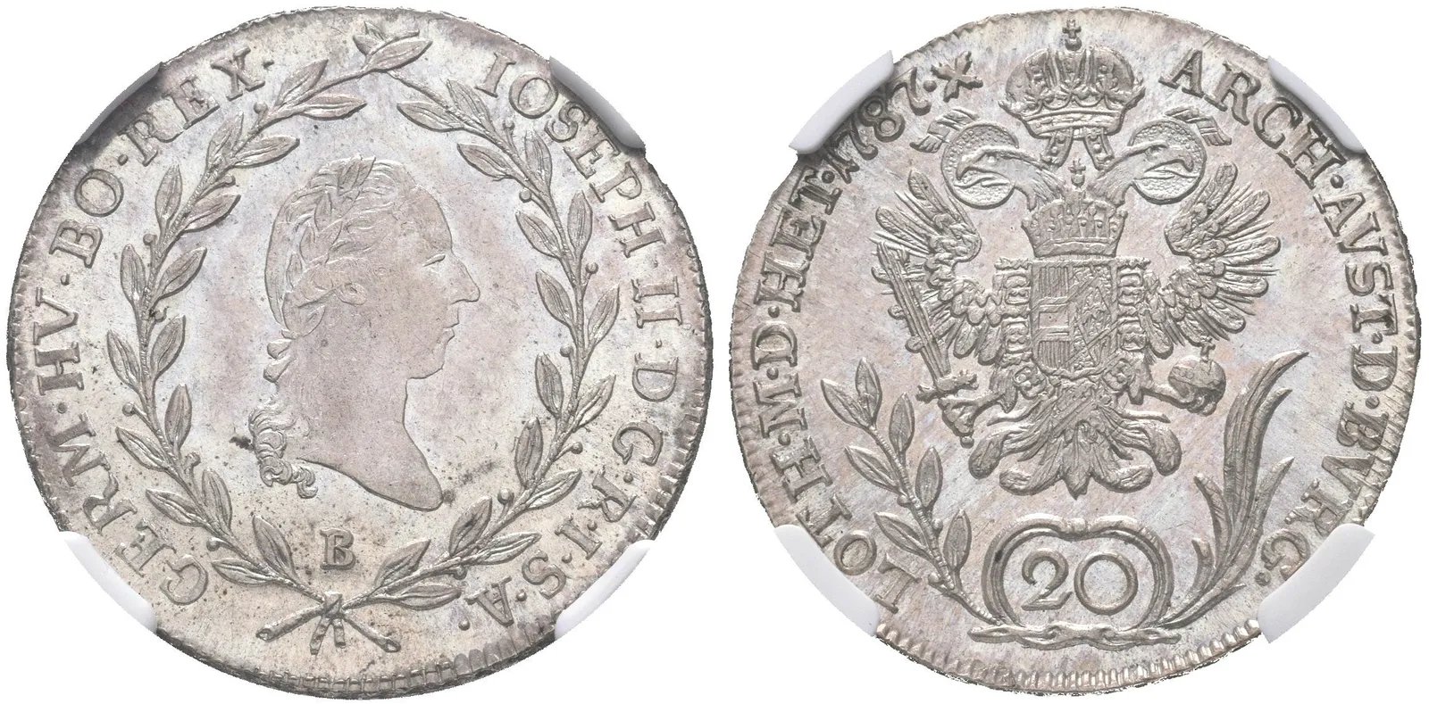 20 Krejcar 1787 B, Kremnica, Husz.1880, certifikace NGC, hodnocení MS 63, — 1