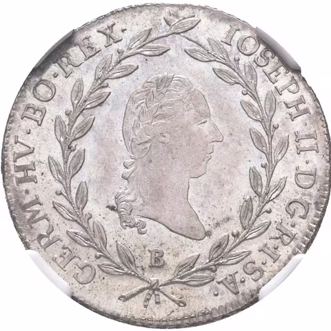 20 Krejcar 1787 B, Kremnica, Husz.1880, certifikace NGC, hodnocení MS 63,