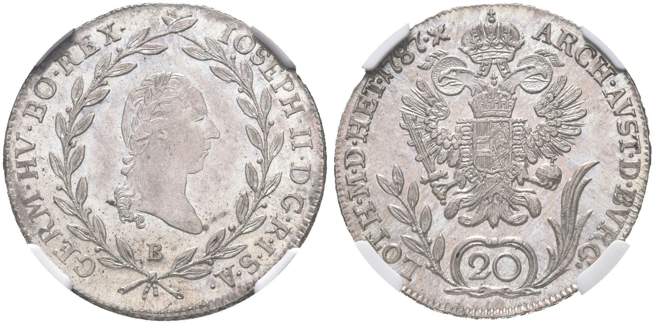 20 Krejcar 1787 B, Kremnica, Husz.1880, certifikace NGC, hodnocení MS 63, — 1
