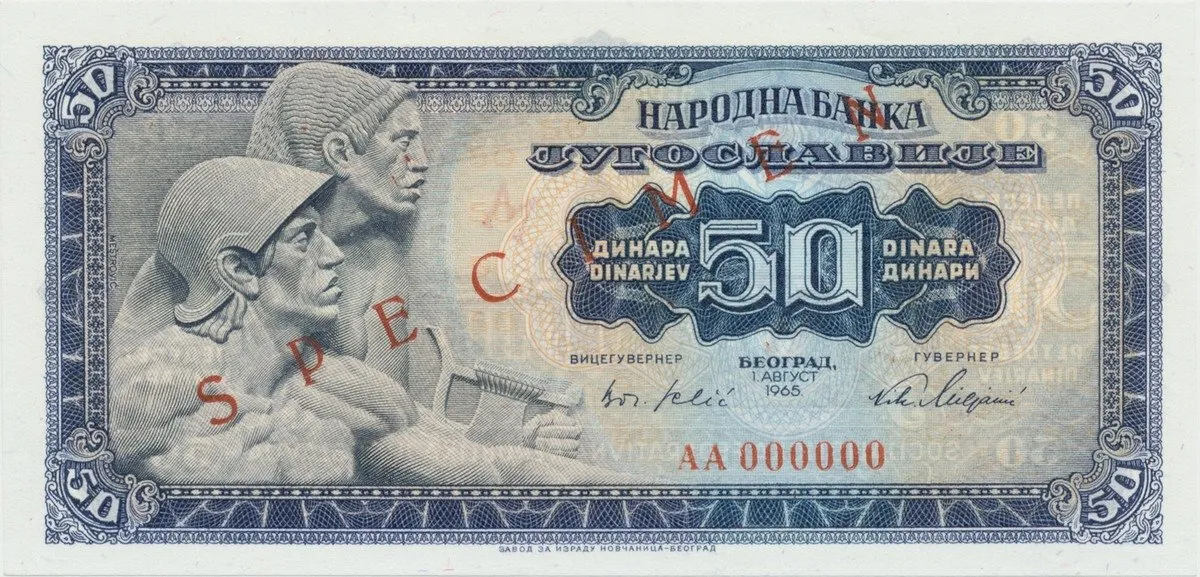 Jugoslávie, 50 Dinara 1965, anulát - SPECIMEN, P.79s