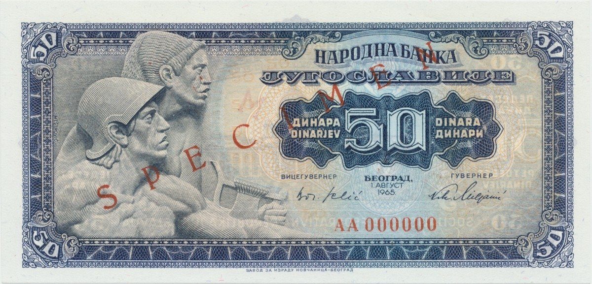 Jugoslávie, 50 Dinara 1965, anulát - SPECIMEN, P.79s