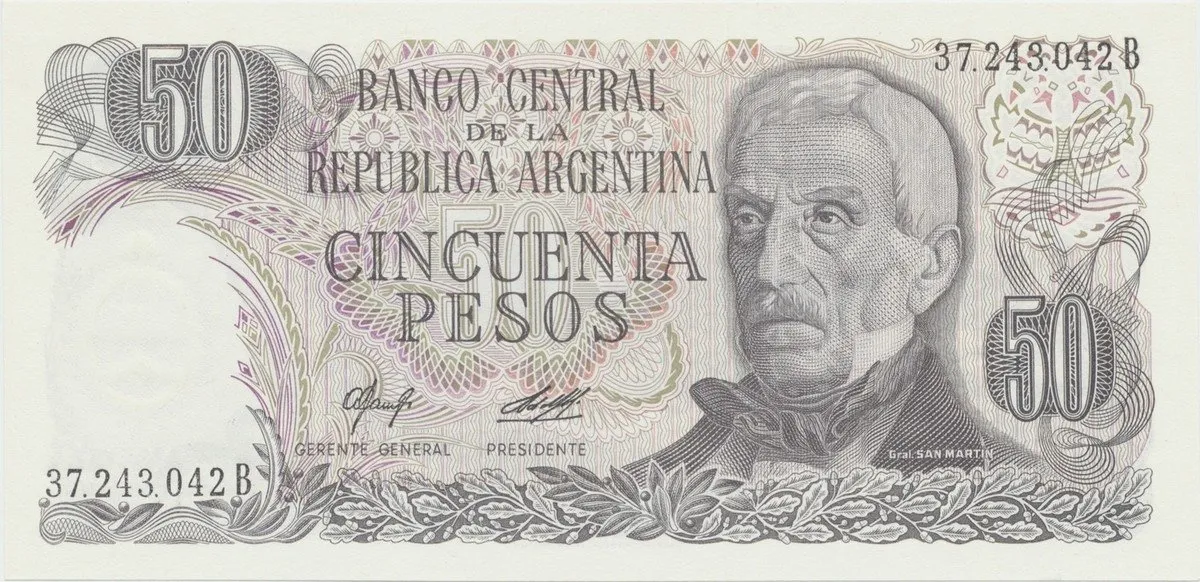 Argentina, 50 Pesos (1977~1982), papír bez ochranných vláken, P.301a