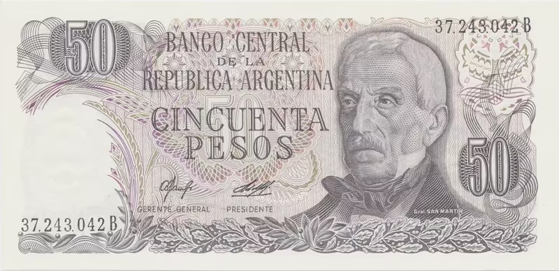 Argentina, 50 Pesos (1977~1982), papír bez ochranných vláken, P.301a