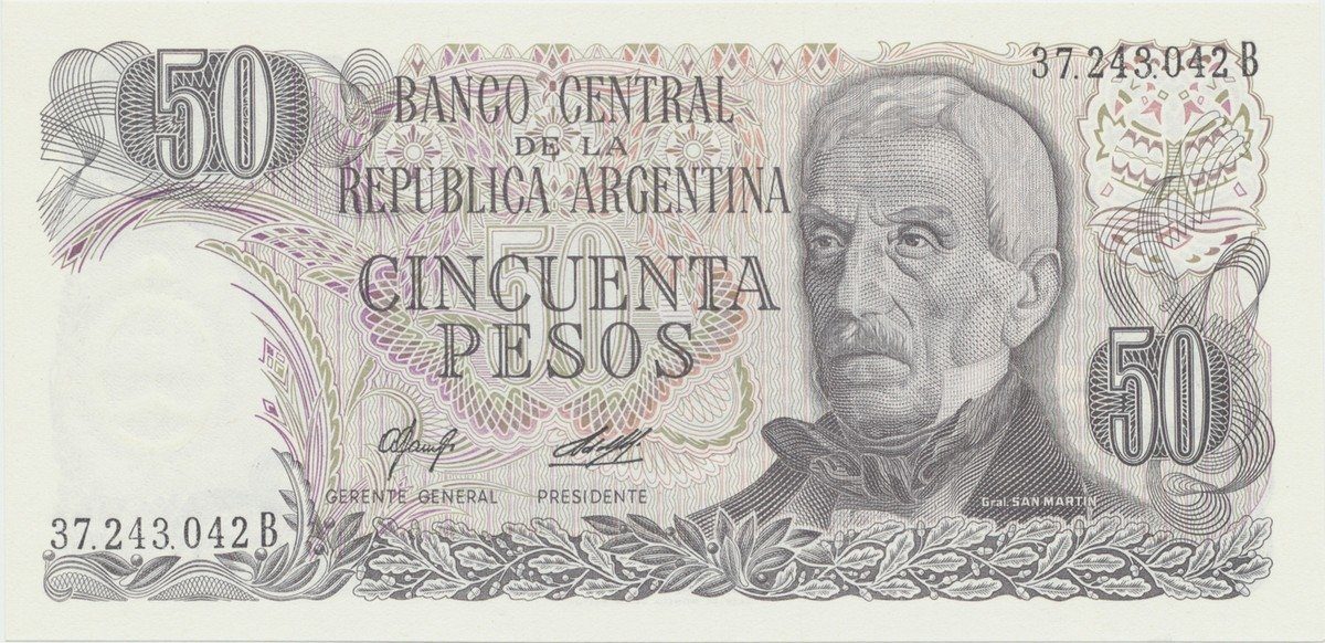Argentina, 50 Pesos (1977~1982), papír bez ochranných vláken, P.301a