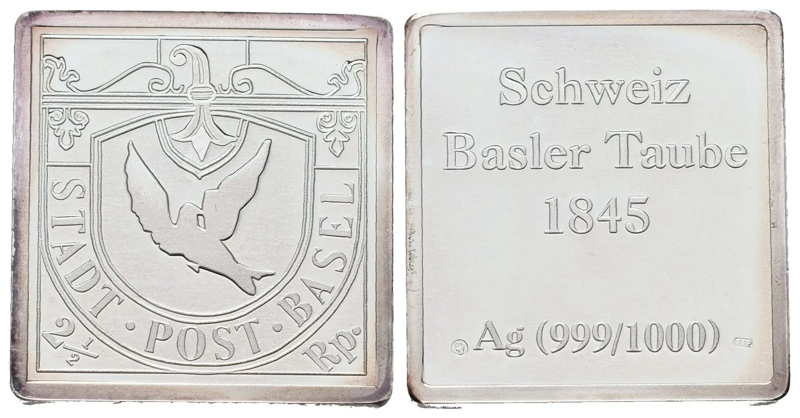 Stříbrná známka - Basilejská holubička z roku 1845 - Ag 7 g - 999/1000