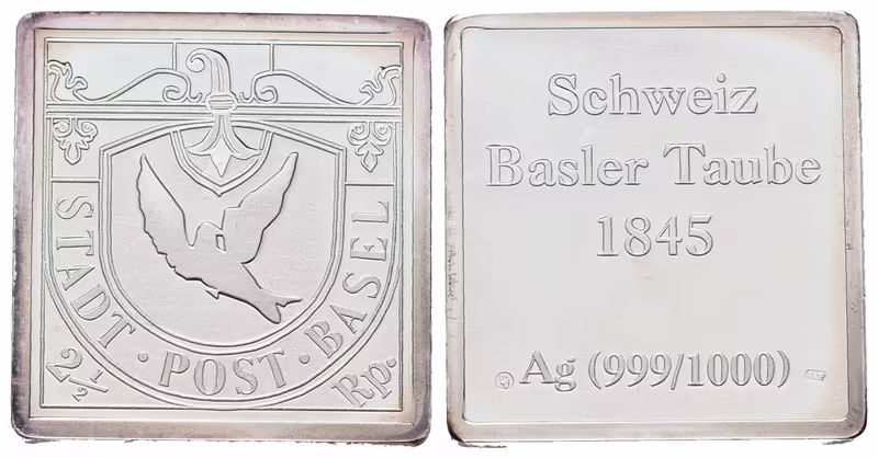 Stříbrná známka - Basilejská holubička z roku 1845 - Ag 7 g - 999/1000