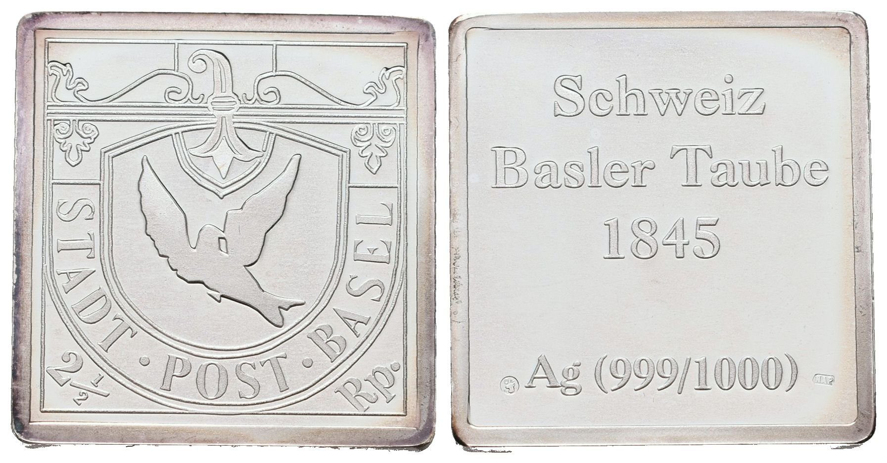 Stříbrná známka - Basilejská holubička z roku 1845 - Ag 7 g - 999/1000