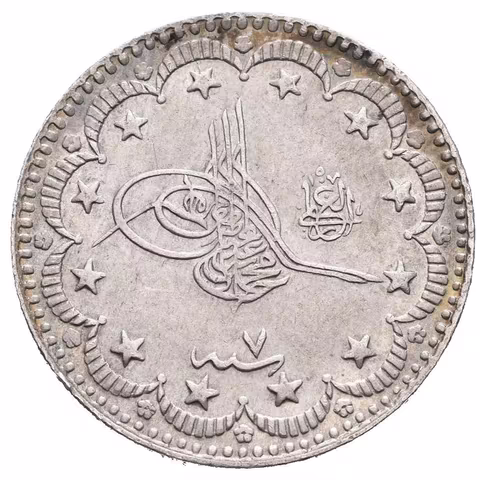 5 Kurusch 1327 AH, rok 7 (1915 AD), minc. Constantinopol, KM.750, velmi pěkná