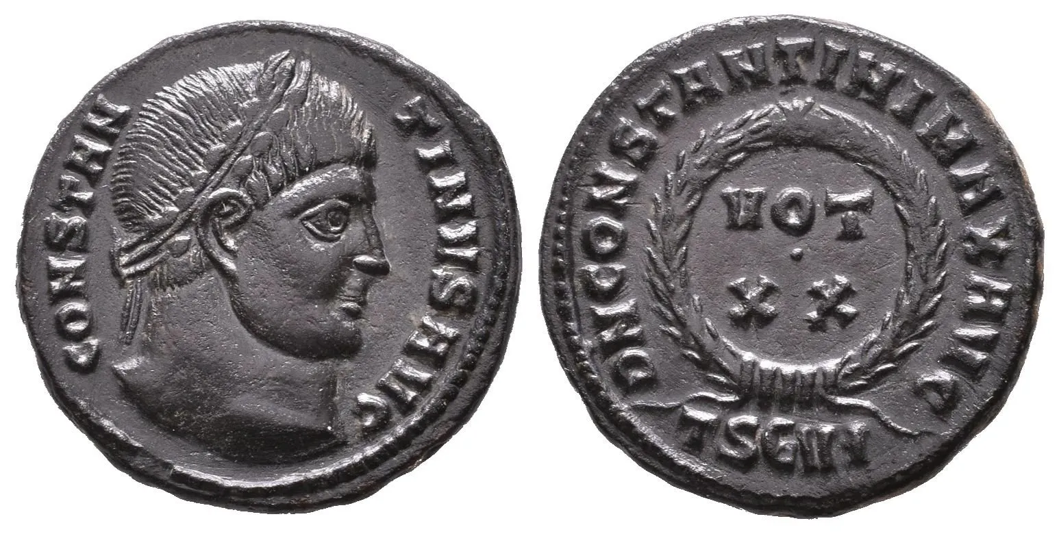 Follis, Thessalonica, 320-321, Rv: DN CONSTANTINI MAX AVG, VOT XX ve věnci, — 1