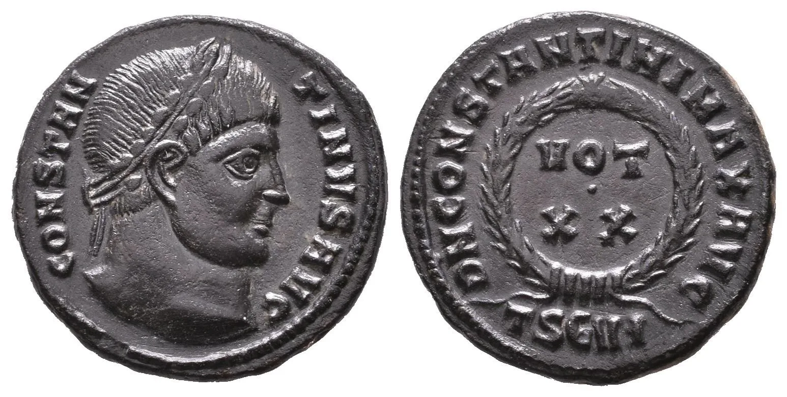 Follis, Thessalonica, 320-321, Rv: DN CONSTANTINI MAX AVG, VOT XX ve věnci, — 1