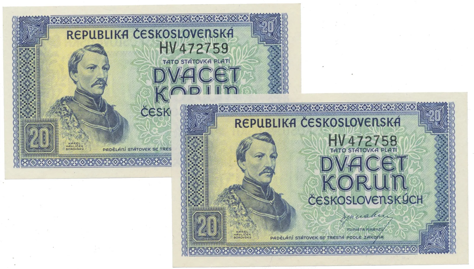 20 Koruna b.d. (1945), série HV, Hej.72a, 2 kusy